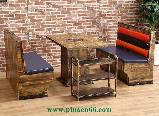 主題餐廳火鍋桌椅 復(fù)古工業(yè)風(fēng)碳化實木燒烤桌子 電磁爐烤涮一體